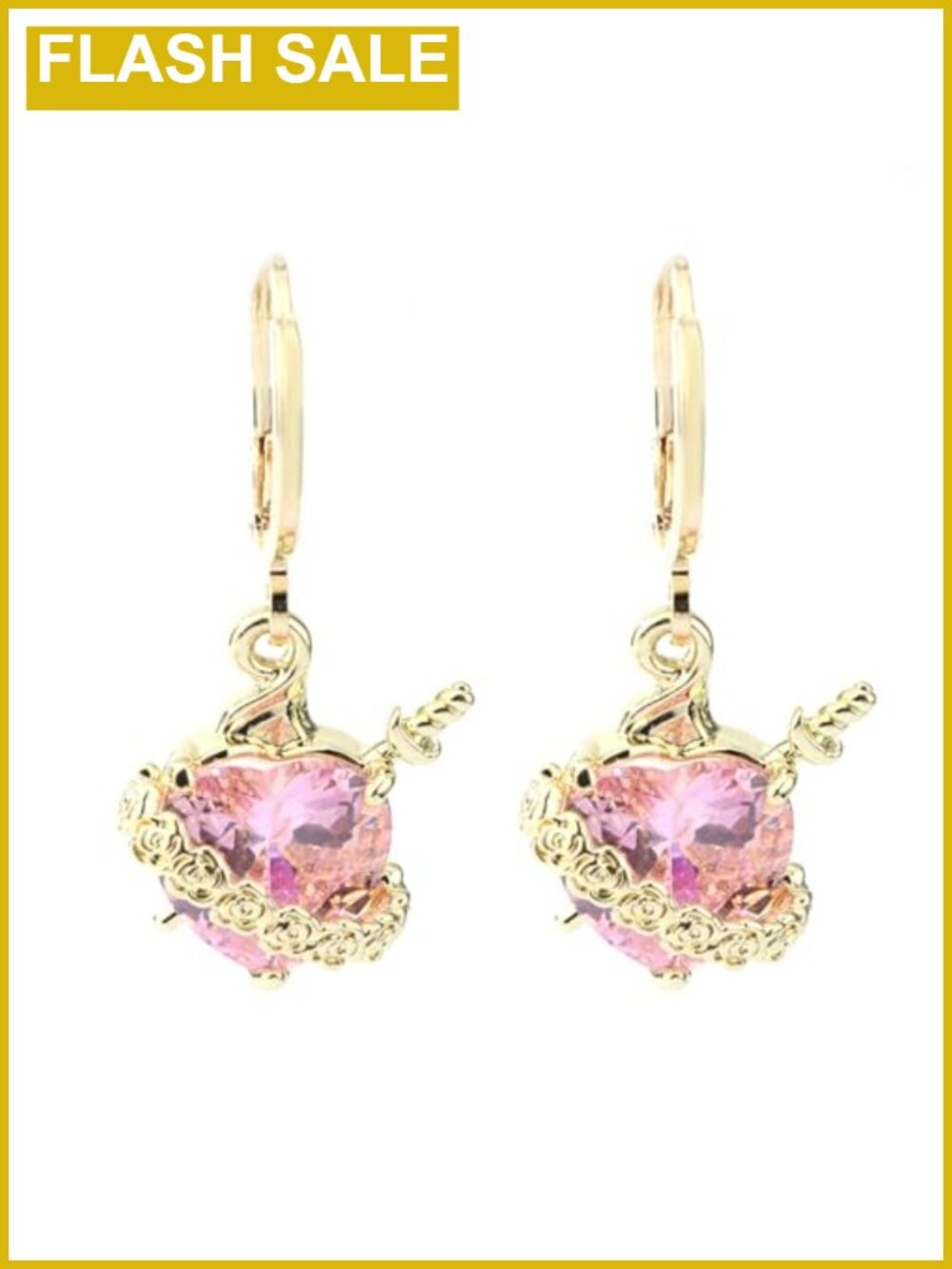 Sacred Heart of Jesus Dangle Earrings Brass Zircon Gold Plated Religious Drop